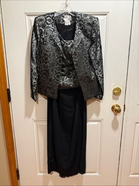 Avanti Dark Green Brocade Silk Maxi Dress and Jacket Set, Size 12